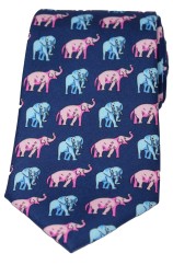 Soprano Pink and Sky Elephants On Navy Ground Country Silk Tie